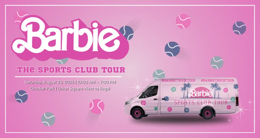 Sat, Aug. 23 Barbie™️ Sports Club Tour is coming to Crocker Park with exclusive merch only available on the Barbie Truck Tour!