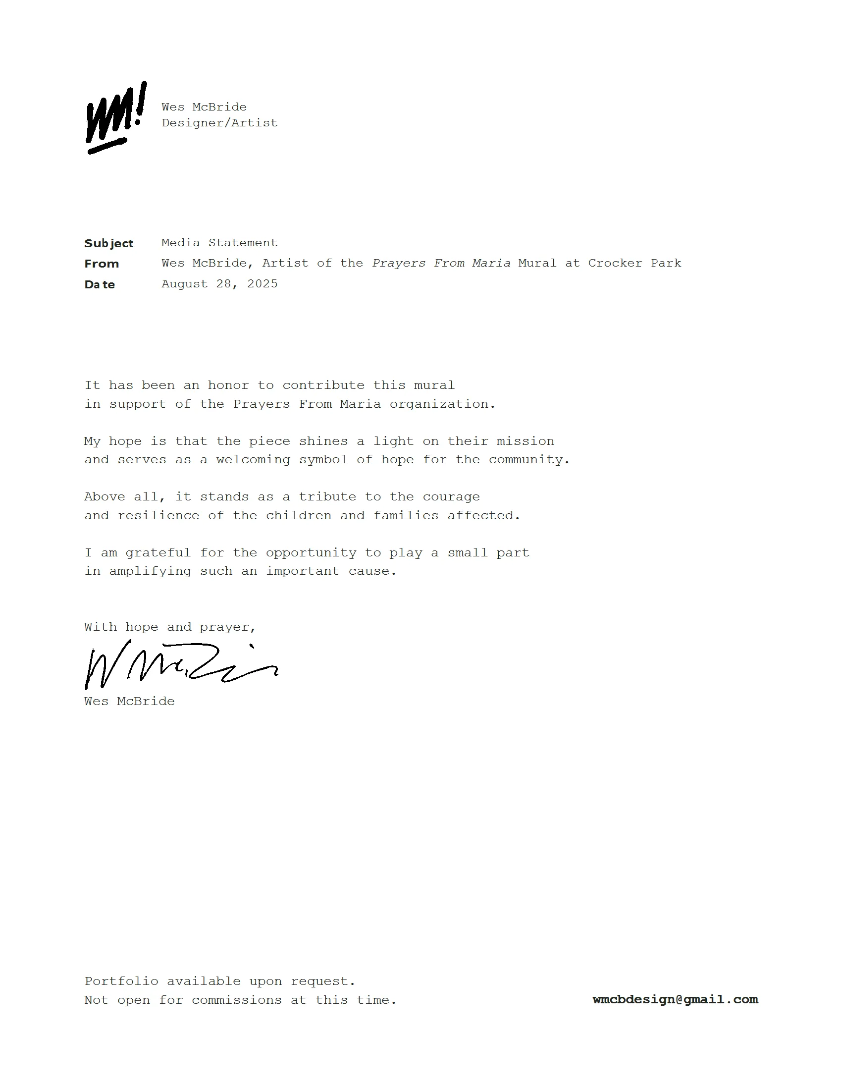 Wes McBride Statement